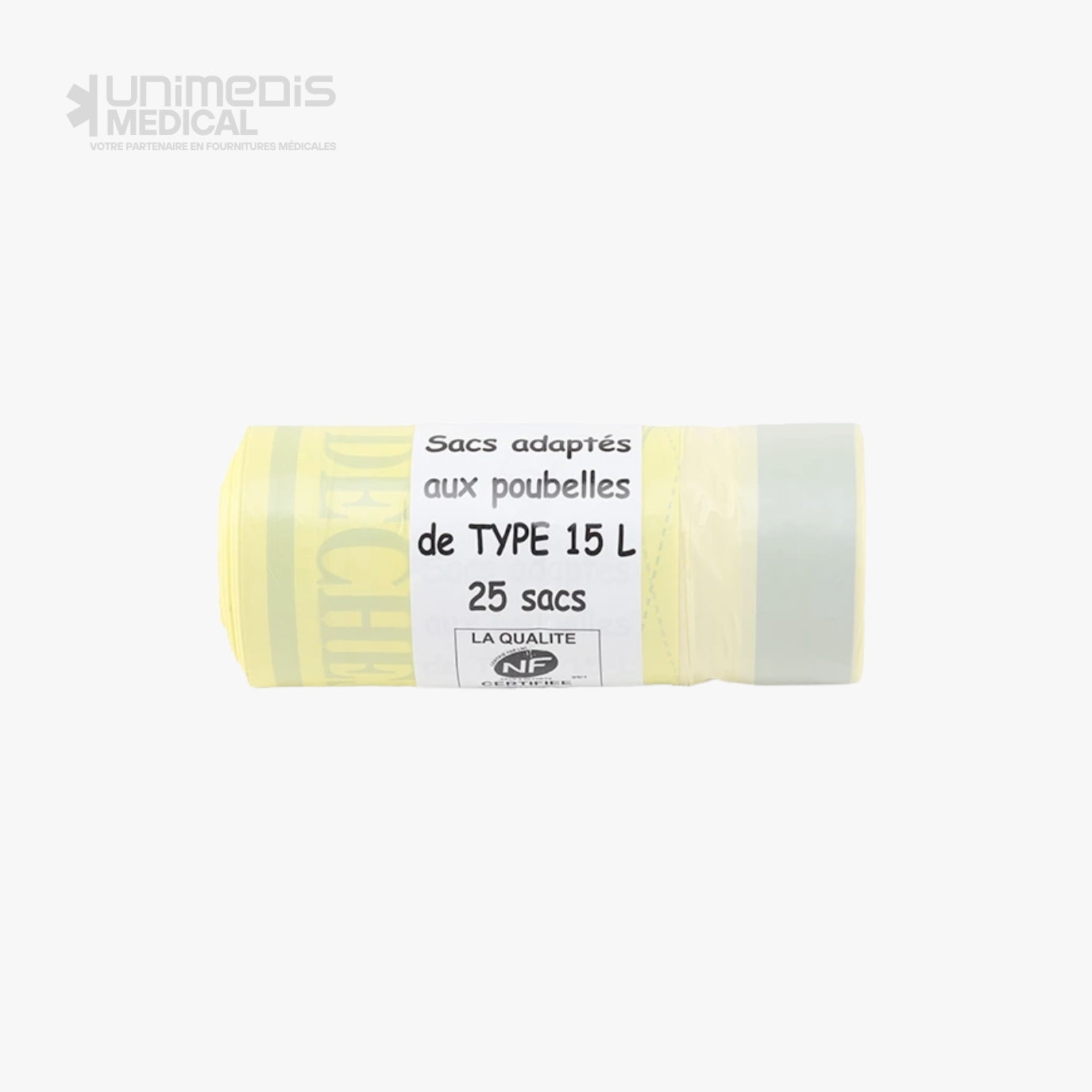 UNIMEDIS Déchets DASRI - Sac plastique DASRI 15L jaune 18µm NF (Rouleau de 25)
